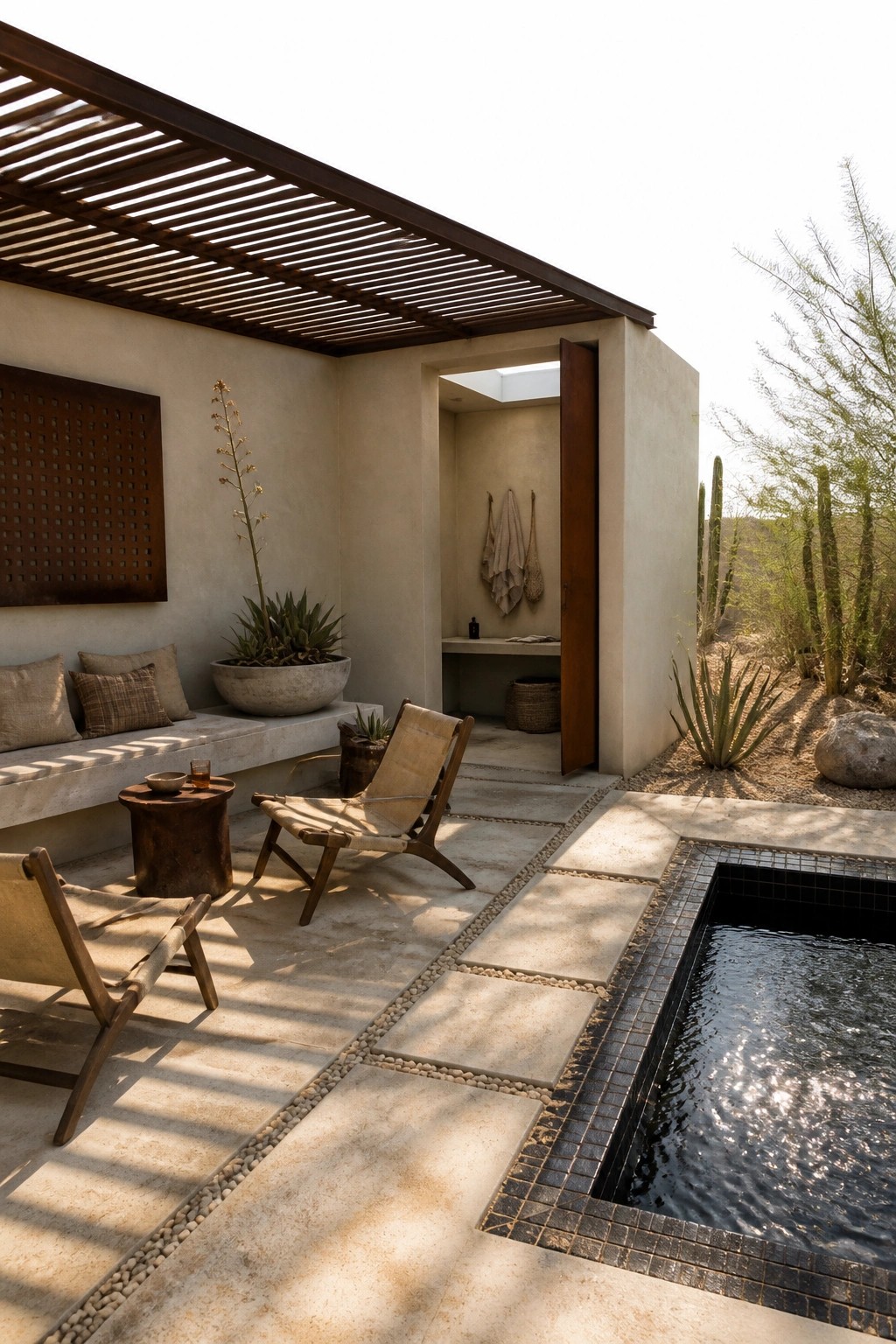 An outdoor poolside seating area with a wooden slatted roof overhead, lounge chairs on stone pavers, and a small plunge pool.