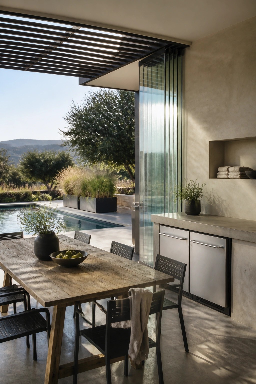 A long wooden dining table with black chairs is positioned under a slatted roof next to a pool, with an outdoor kitchen and glass doors along the wall.