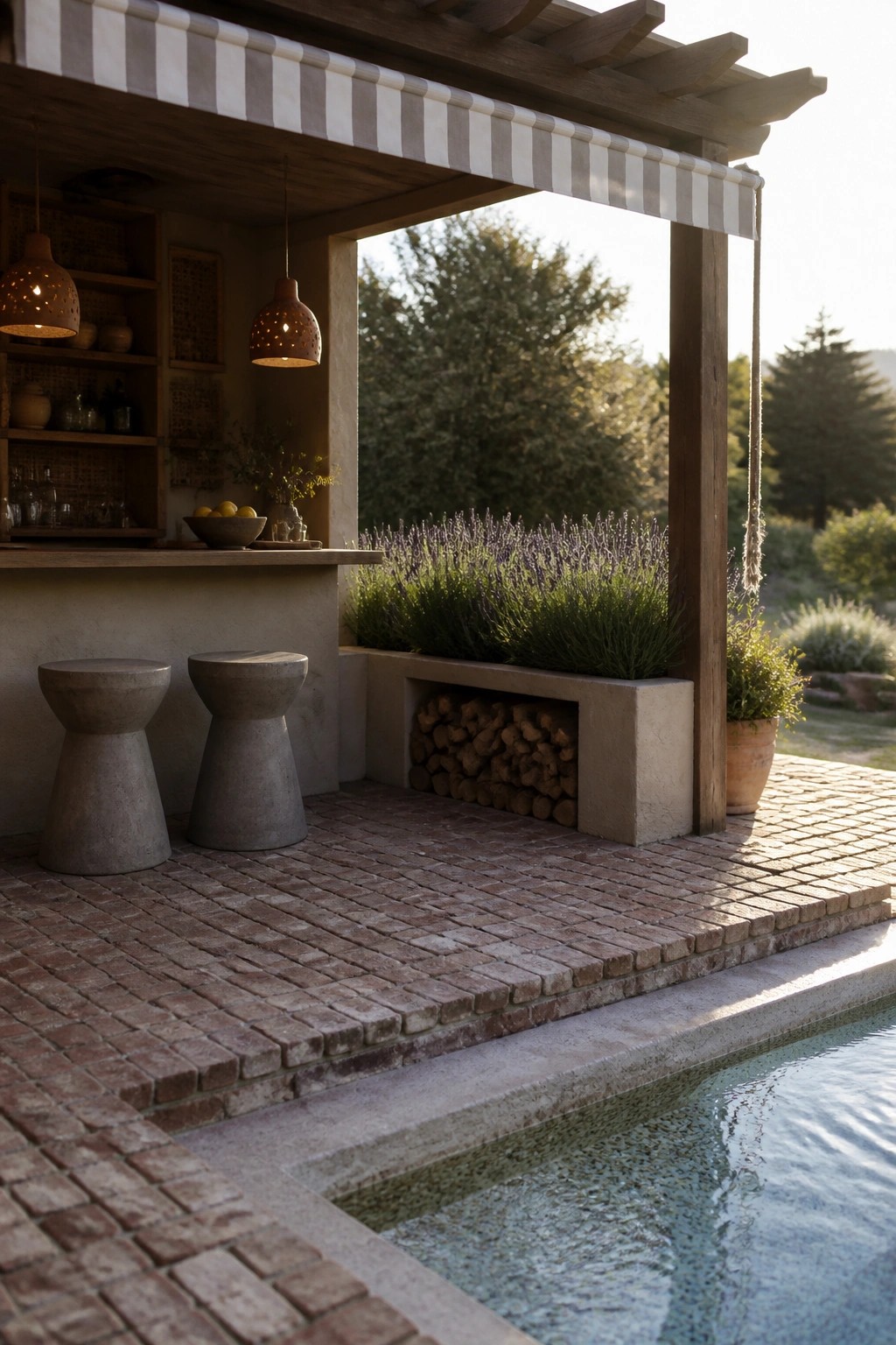 An outdoor poolside cabana with a wooden pergola, striped awning, brick patio, concrete bar stools, open shelving, and a built-in bench storing firewood beside a swimming pool.