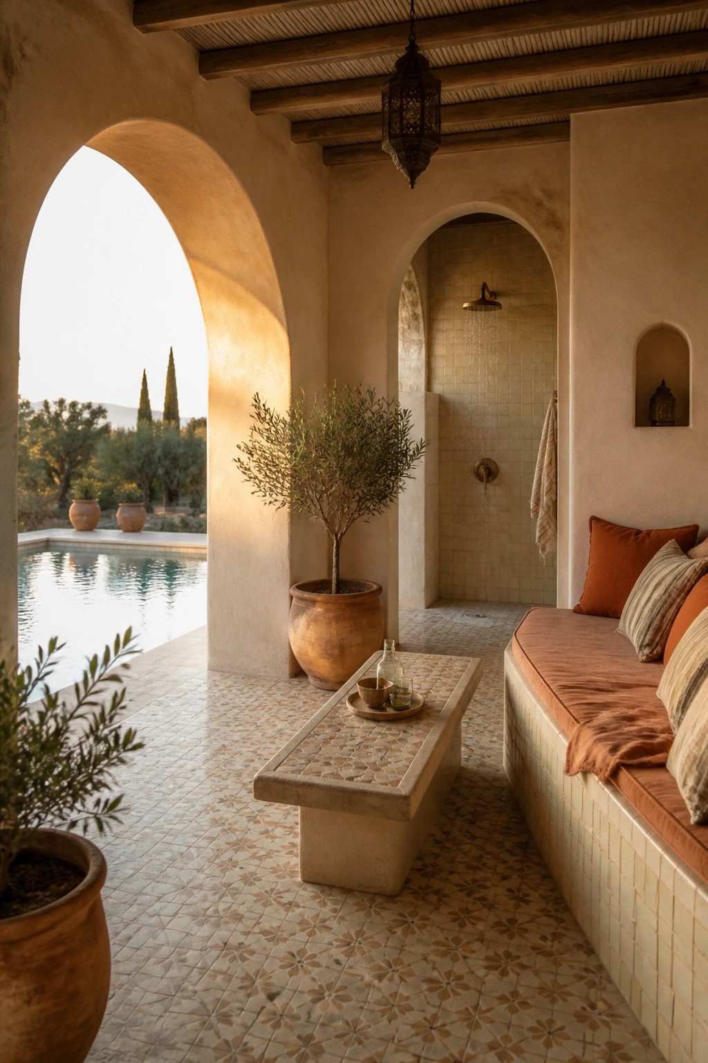 A covered poolside cabana with arched openings, a tiled built-in bench with orange cushions, an outdoor shower, potted trees, and a view to the swimming pool.