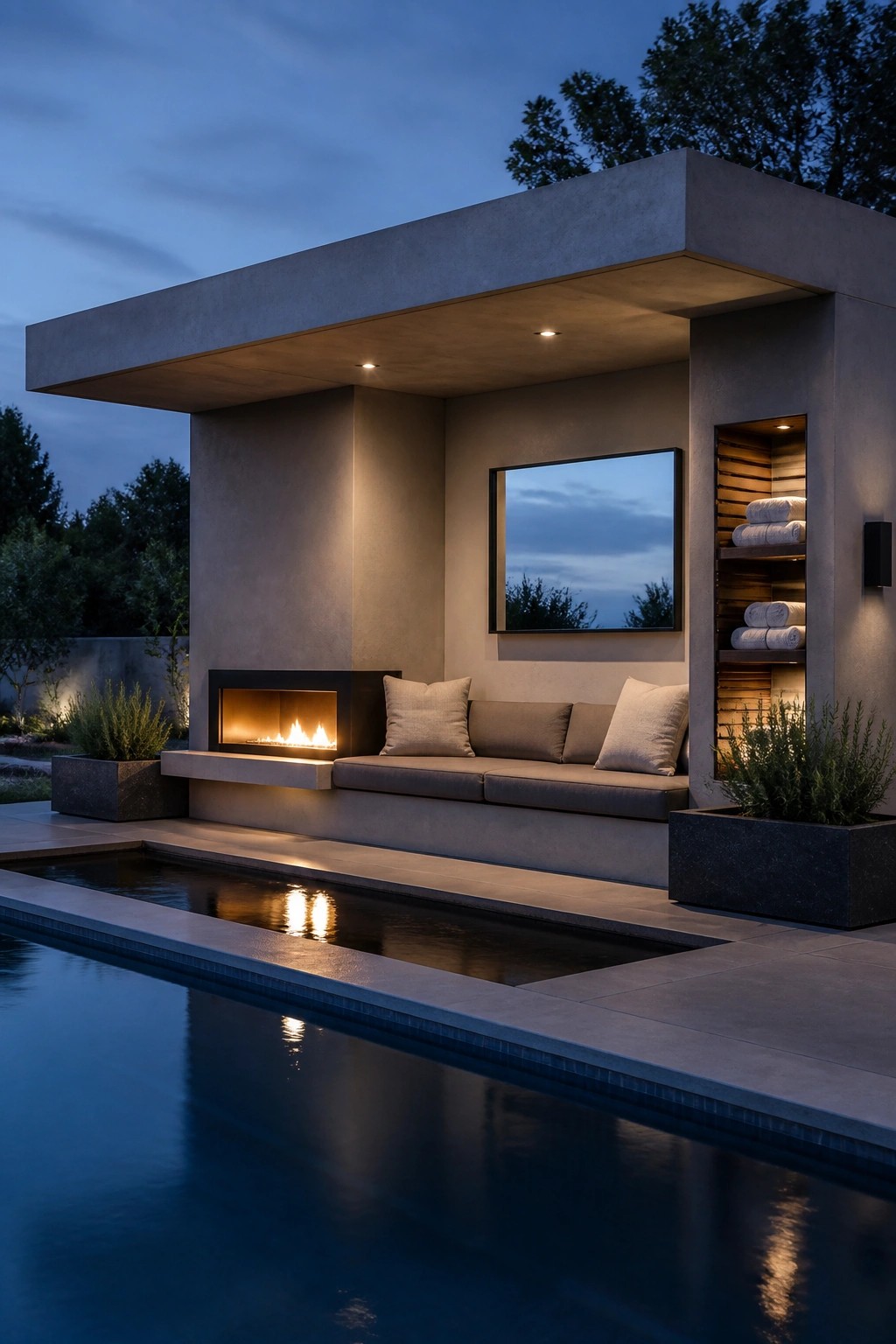 An outdoor concrete cabana at dusk features a built-in bench with cushions beside a modern fireplace, a rectangular pool in the foreground, and a recessed shelf holding rolled towels.