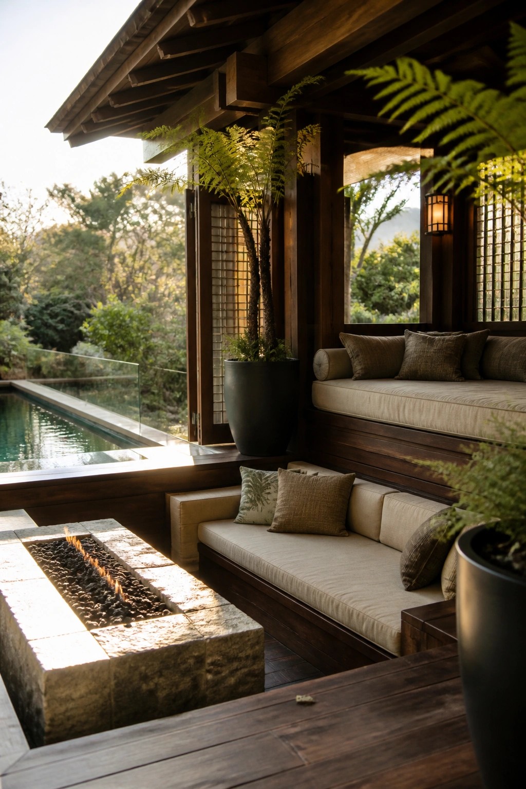 Outdoor pool cabana with dark wood built-in cushioned seating, a stone fire pit in the foreground, large potted ferns, and an infinity pool overlooking trees.