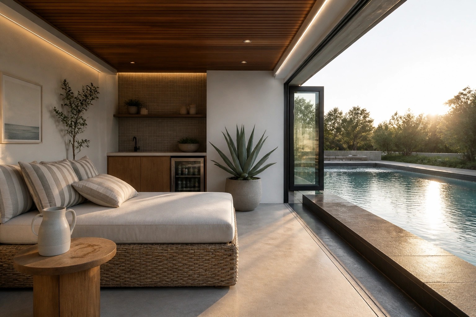 An outdoor covered patio with a large daybed, striped cushions, and a wooden side table sits beside a long swimming pool, with an outdoor kitchen visible in the background.