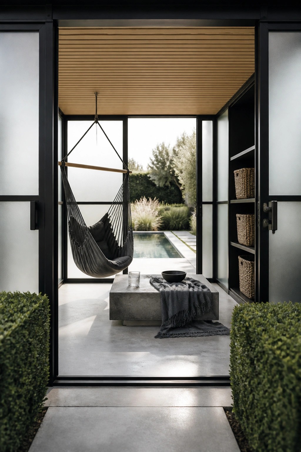 A dark gray hammock hangs from the ceiling of an outdoor cabana with concrete flooring, a low concrete table, built-in shelves, and an open view to a swimming pool.
