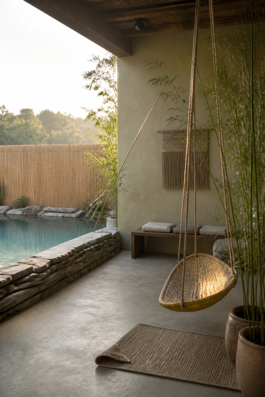 A woven hanging chair suspended from a wooden ceiling in an outdoor poolside cabana with a stone wall, bench, and potted plants.