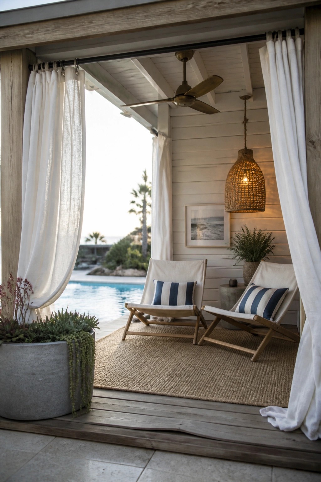 An outdoor pool cabana with white curtains framing the opening, two wooden lounge chairs on a woven rug, a hanging woven light, and a view toward the pool.