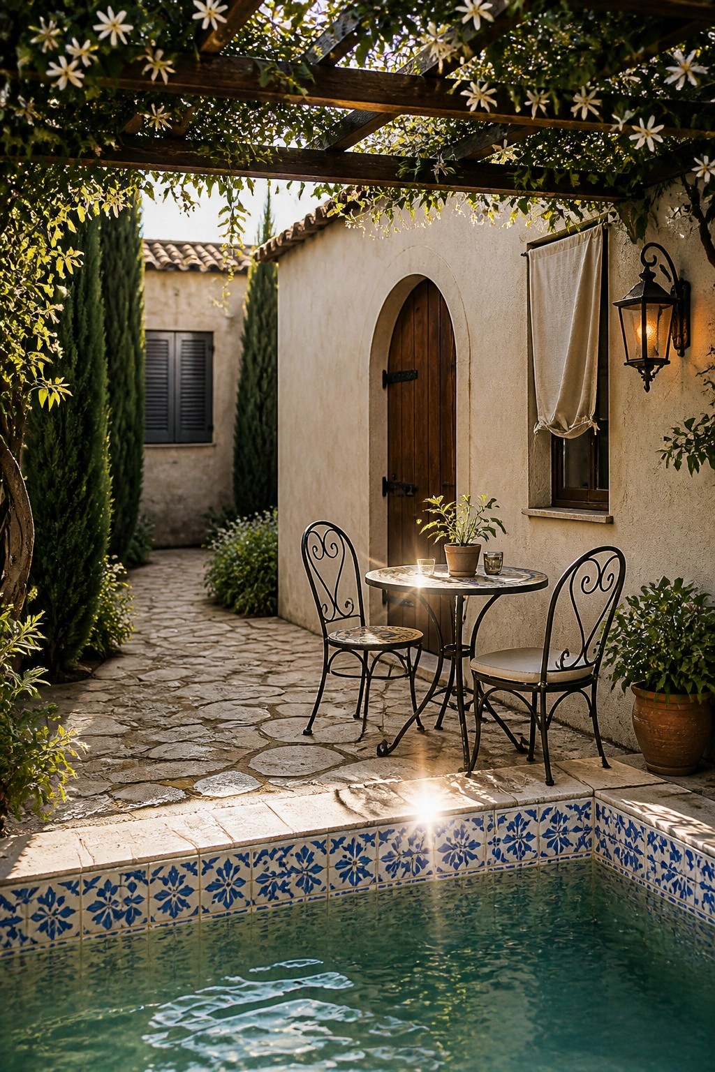 A round metal table with two chairs sits on a stone patio directly beside a swimming pool, under a wooden pergola with vines.