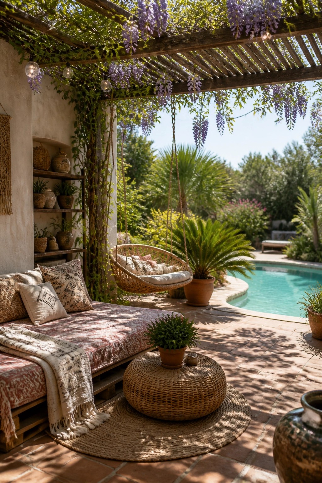 An outdoor poolside patio under a wooden pergola draped with purple wisteria, featuring a hanging wicker chair, a pallet daybed with patterned cushions, and potted plants on a stone floor.