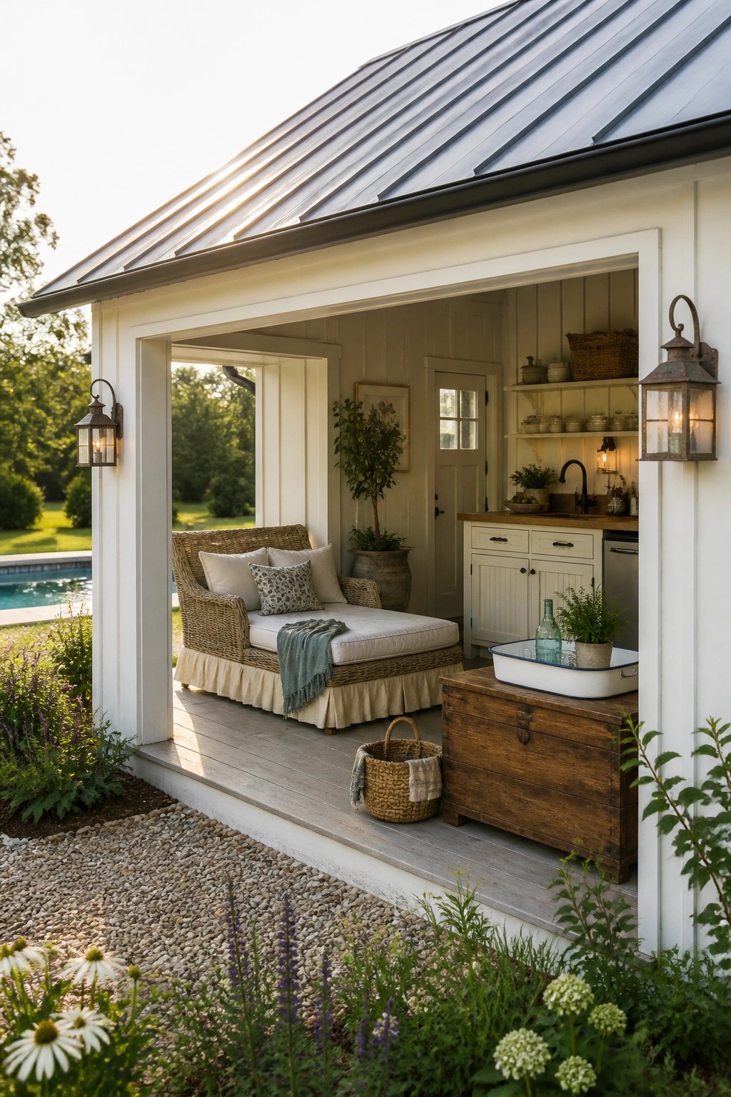 Cozy white porch with wicker chaise, wooden trunk, lanterns, and blooming garden