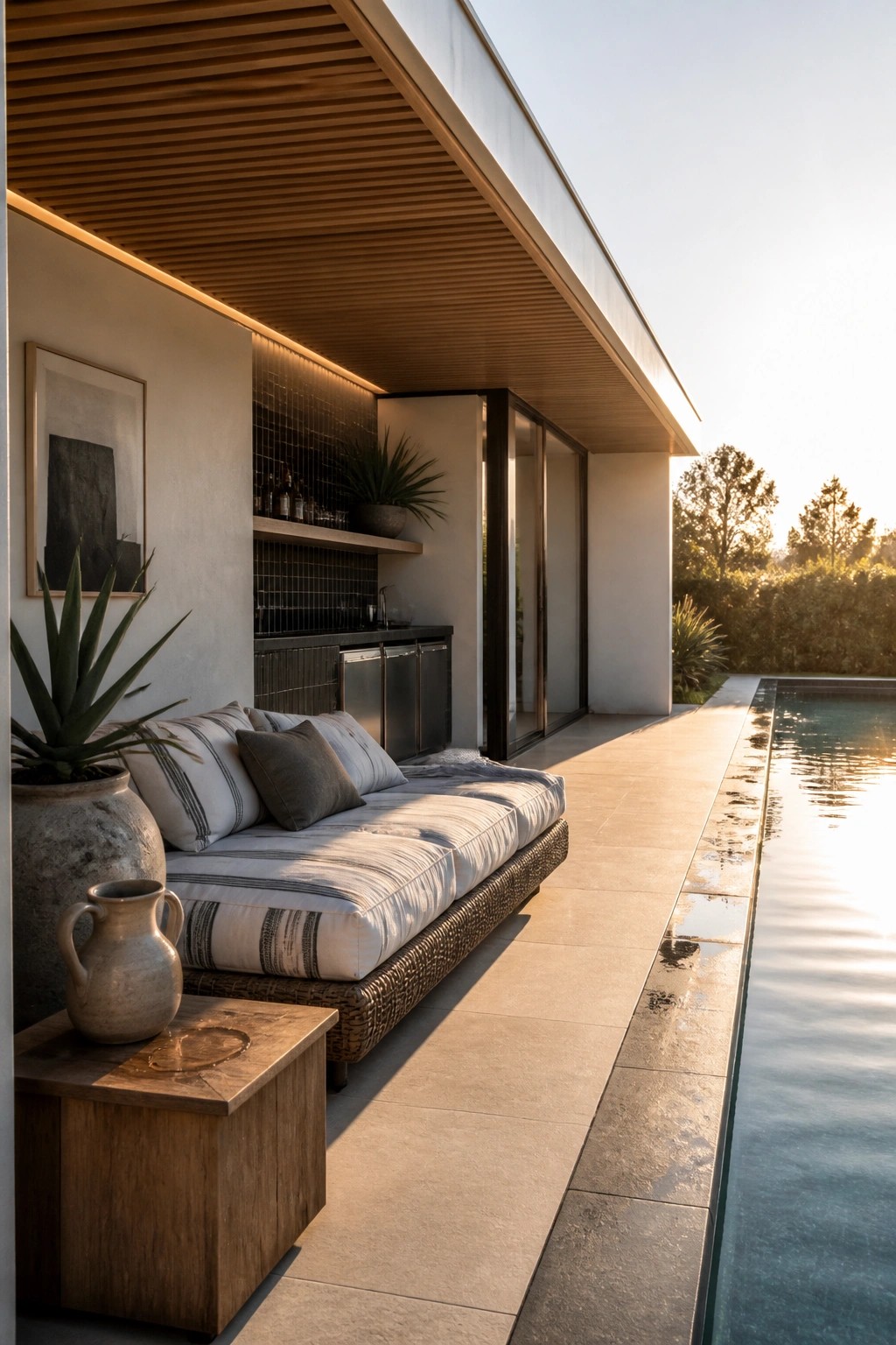 An outdoor covered patio with a large daybed, striped cushions, and a wooden side table sits beside a long swimming pool, with an outdoor kitchen visible in the background.