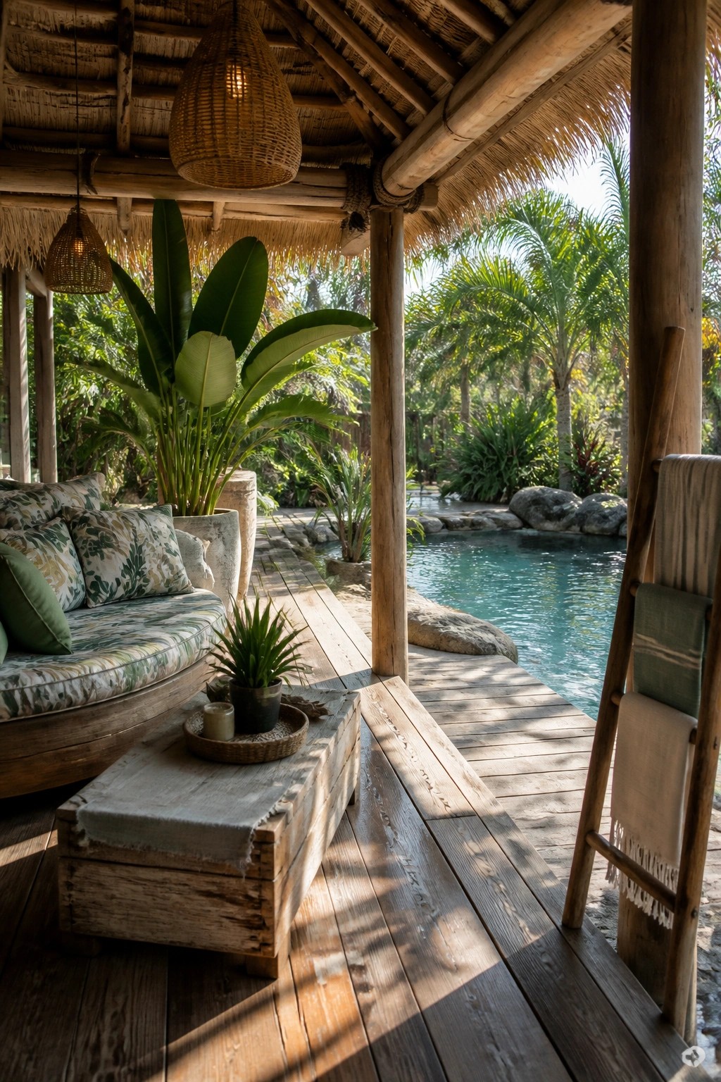 A shaded wooden deck under a thatched roof includes a round cushioned daybed, a low wooden table, and a ladder with towels, overlooking a turquoise pool with palm trees in the background.