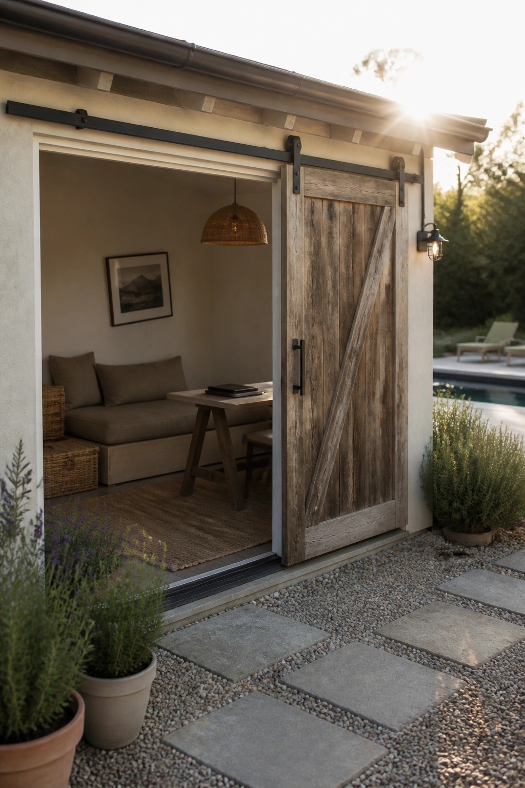 An open wooden sliding barn door reveals the interior of a pool cabana with a daybed and small table, set on gravel and pavers beside a pool.