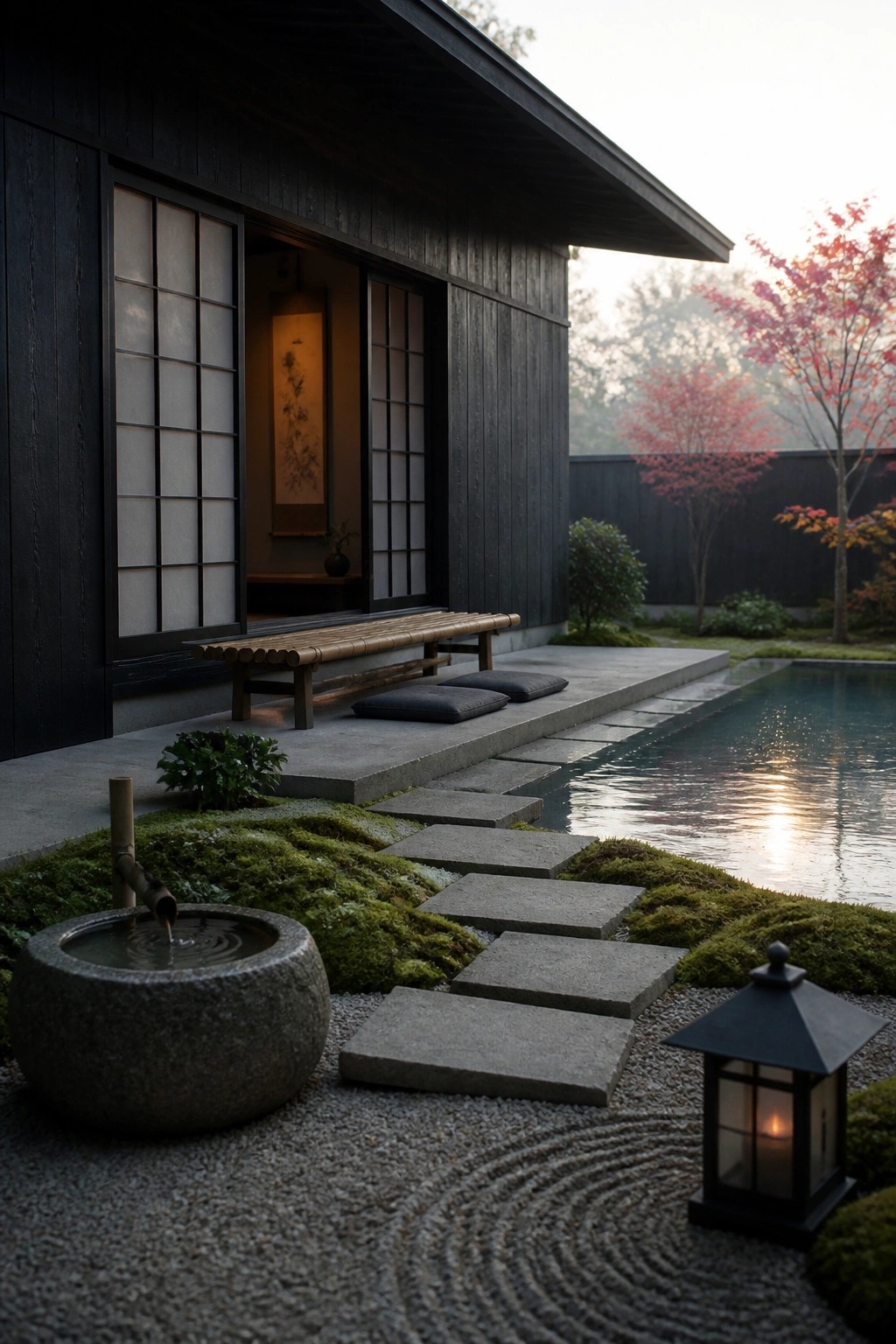 Serene Japanese zen garden with dark house, pond, stepping stones, and lantern.