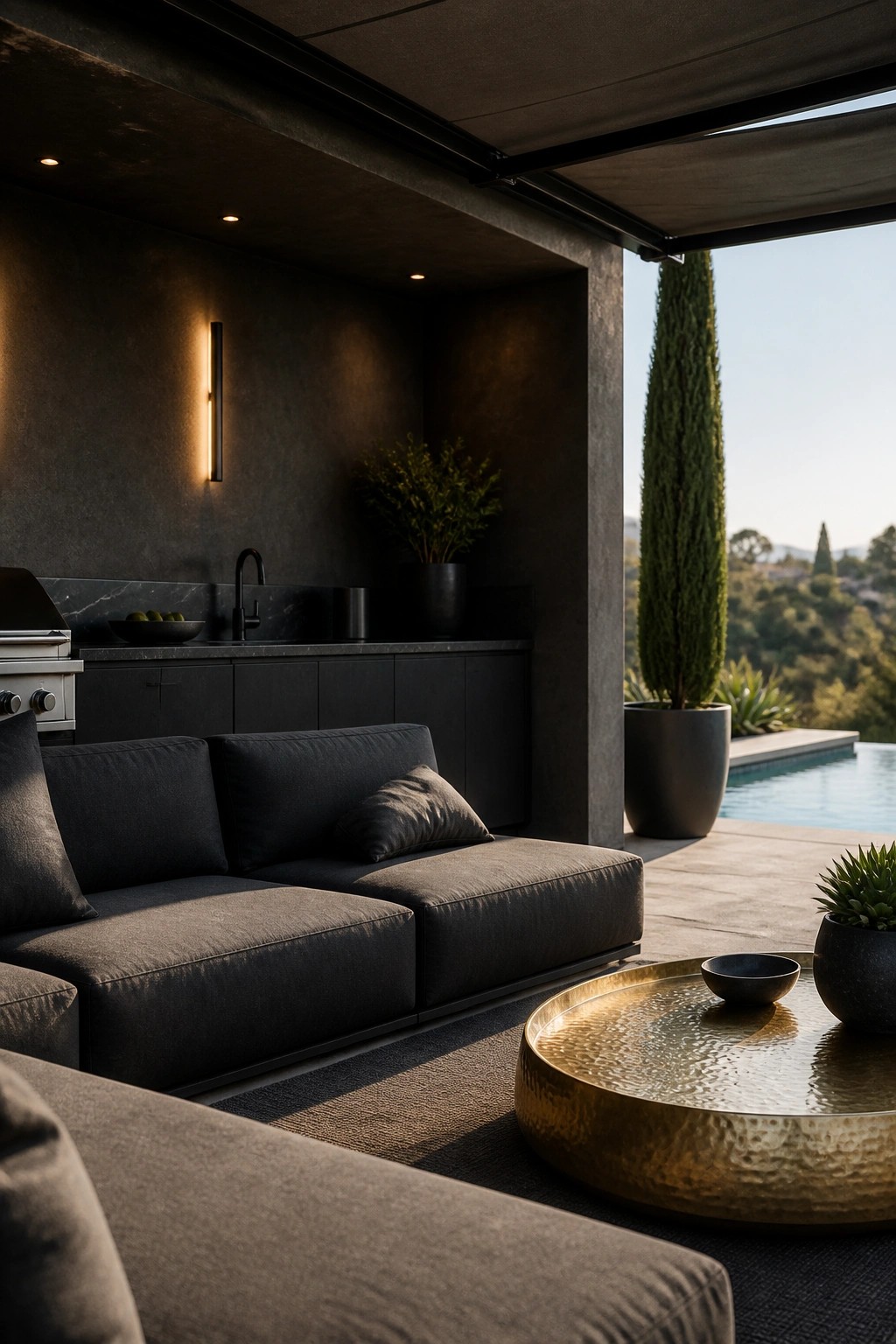 Modern dark sofa and hammered gold table on patio overlooking pool and hills
