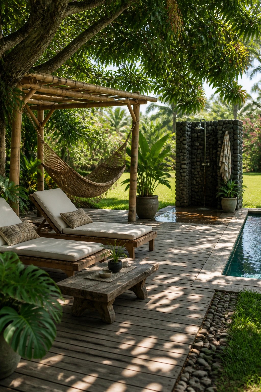21 Smart Pool Deck Shade Ideas That Reduce Harsh Afternoon Sun A wooden pool deck with lounge chairs and a hammock under a bamboo pergola, next to a swimming pool and a stone outdoor shower.
