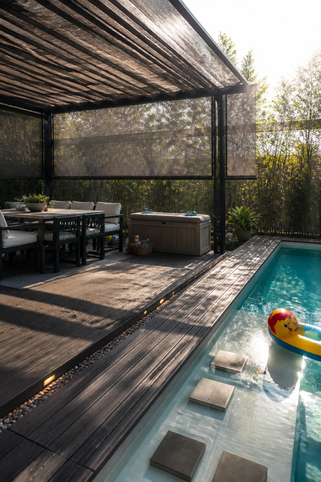 21 Smart Pool Deck Shade Ideas That Reduce Harsh Afternoon Sun A wooden pool deck shaded by a black metal frame with dark fabric overhead and mesh side screens, positioned next to a swimming pool with stone steps.