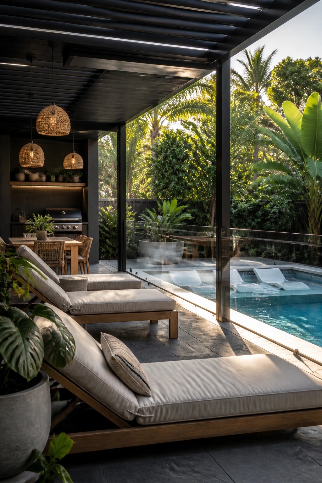 21 Smart Pool Deck Shade Ideas That Reduce Harsh Afternoon Sun Outdoor pool deck with beige lounge chairs under a dark slatted pergola roof beside a swimming pool and tropical plants.