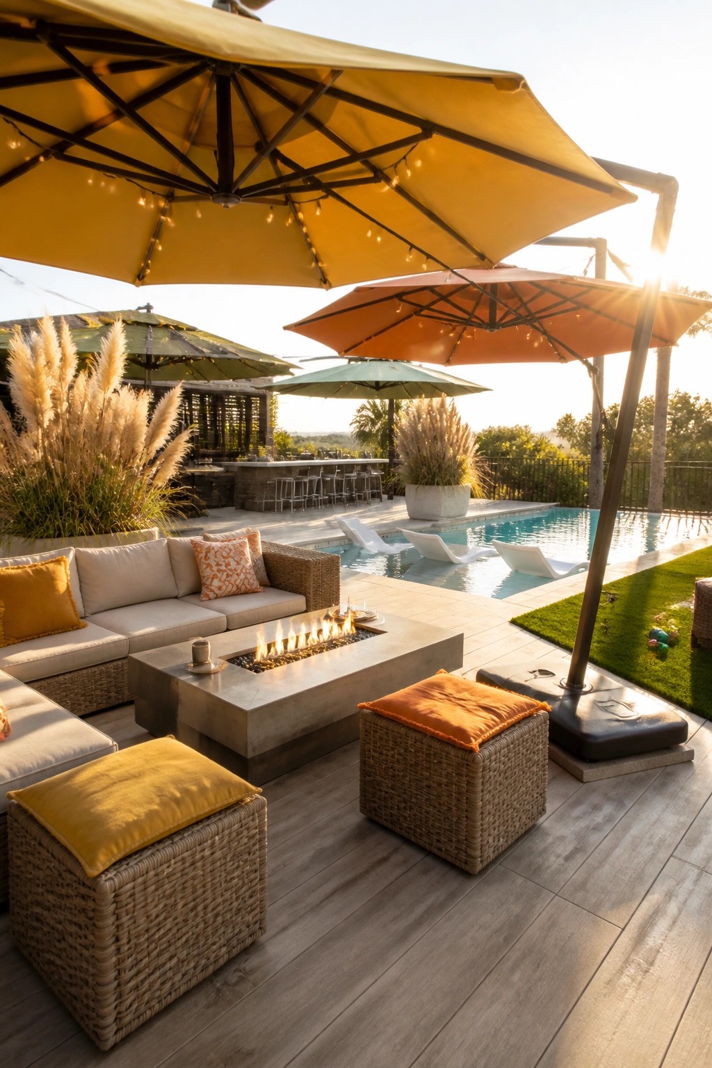 21 Smart Pool Deck Shade Ideas That Reduce Harsh Afternoon Sun Luxurious patio with fire pit, yellow umbrellas, wicker furniture, and pool at sunset