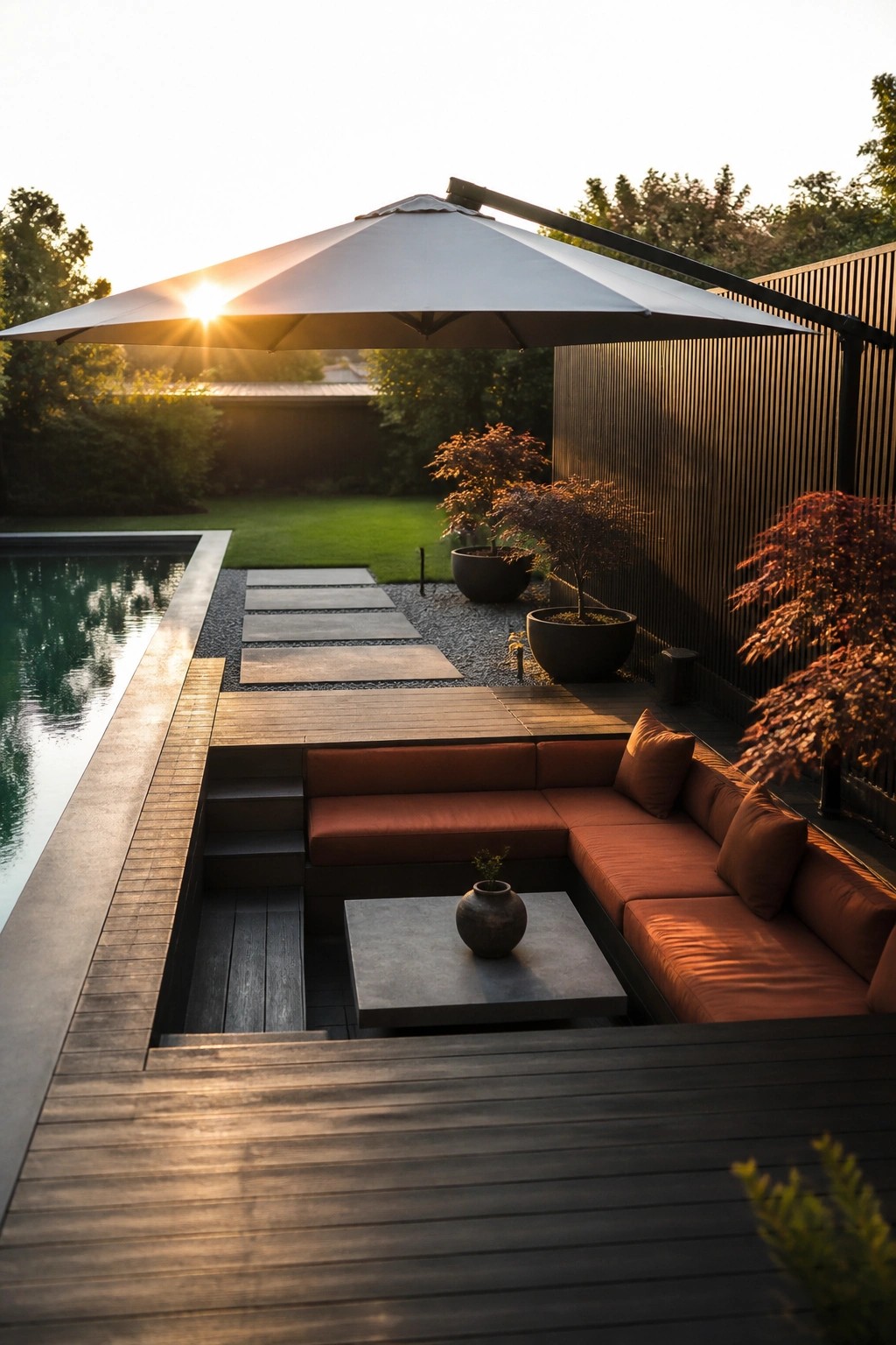 21 Smart Pool Deck Shade Ideas That Reduce Harsh Afternoon Sun Modern patio with orange sectional sofa under umbrella beside pool at sunset