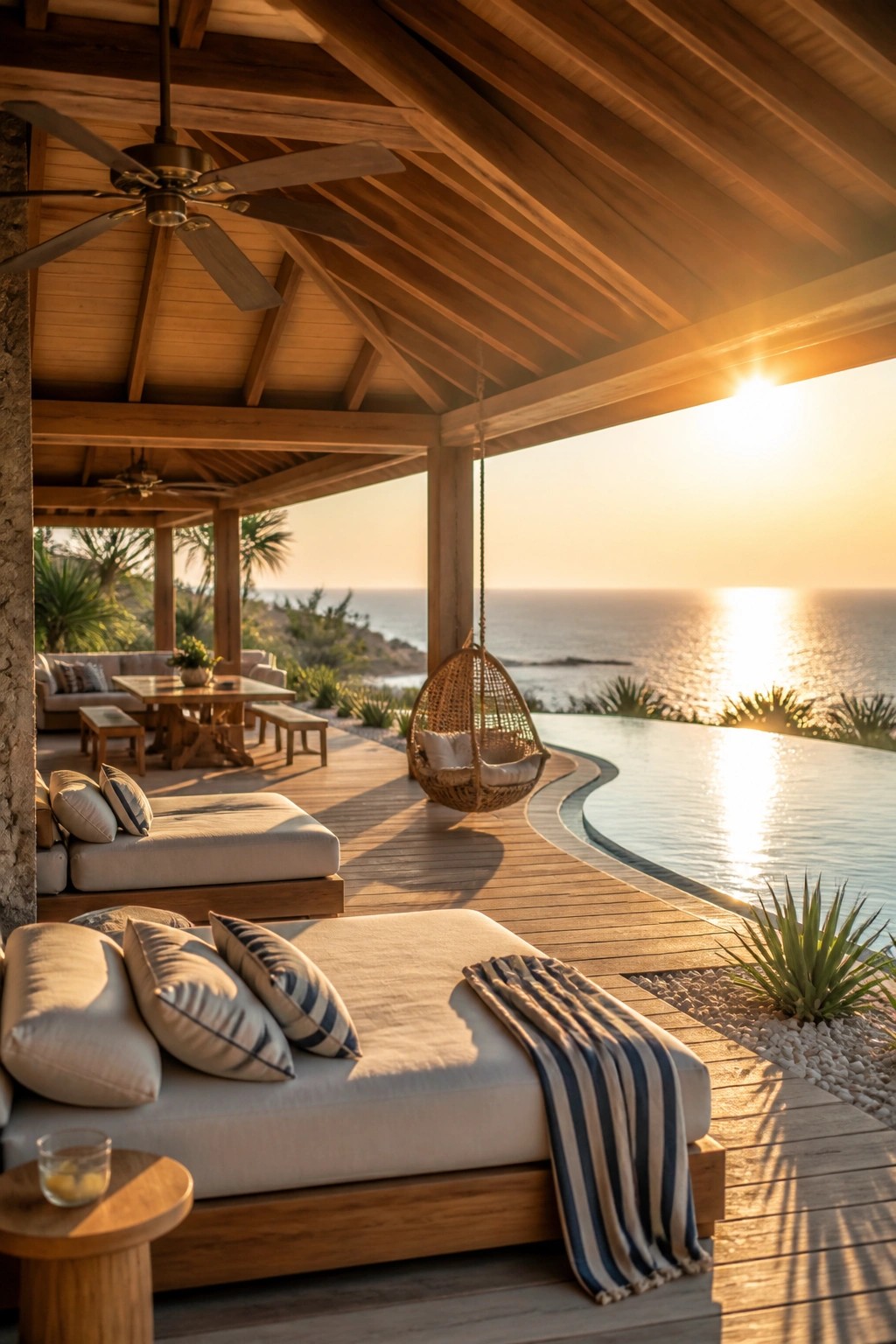 21 Smart Pool Deck Shade Ideas That Reduce Harsh Afternoon Sun A wooden pool deck with a ceiling fan under a covered roof, lounge beds, a hanging chair, and an infinity pool overlooking the ocean.