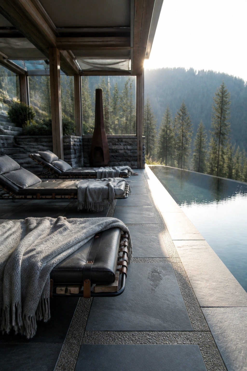 21 Smart Pool Deck Shade Ideas That Reduce Harsh Afternoon Sun Outdoor pool deck with three lounge chairs under a wooden roof overhang beside an infinity pool overlooking a forested hillside.