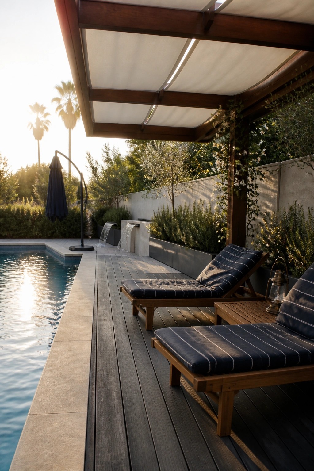 21 Smart Pool Deck Shade Ideas That Reduce Harsh Afternoon Sun Lounge chairs with striped cushions on deck by pool under wooden pergola at sunset