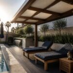 Lounge chairs with striped cushions on deck by pool under wooden pergola at sunset