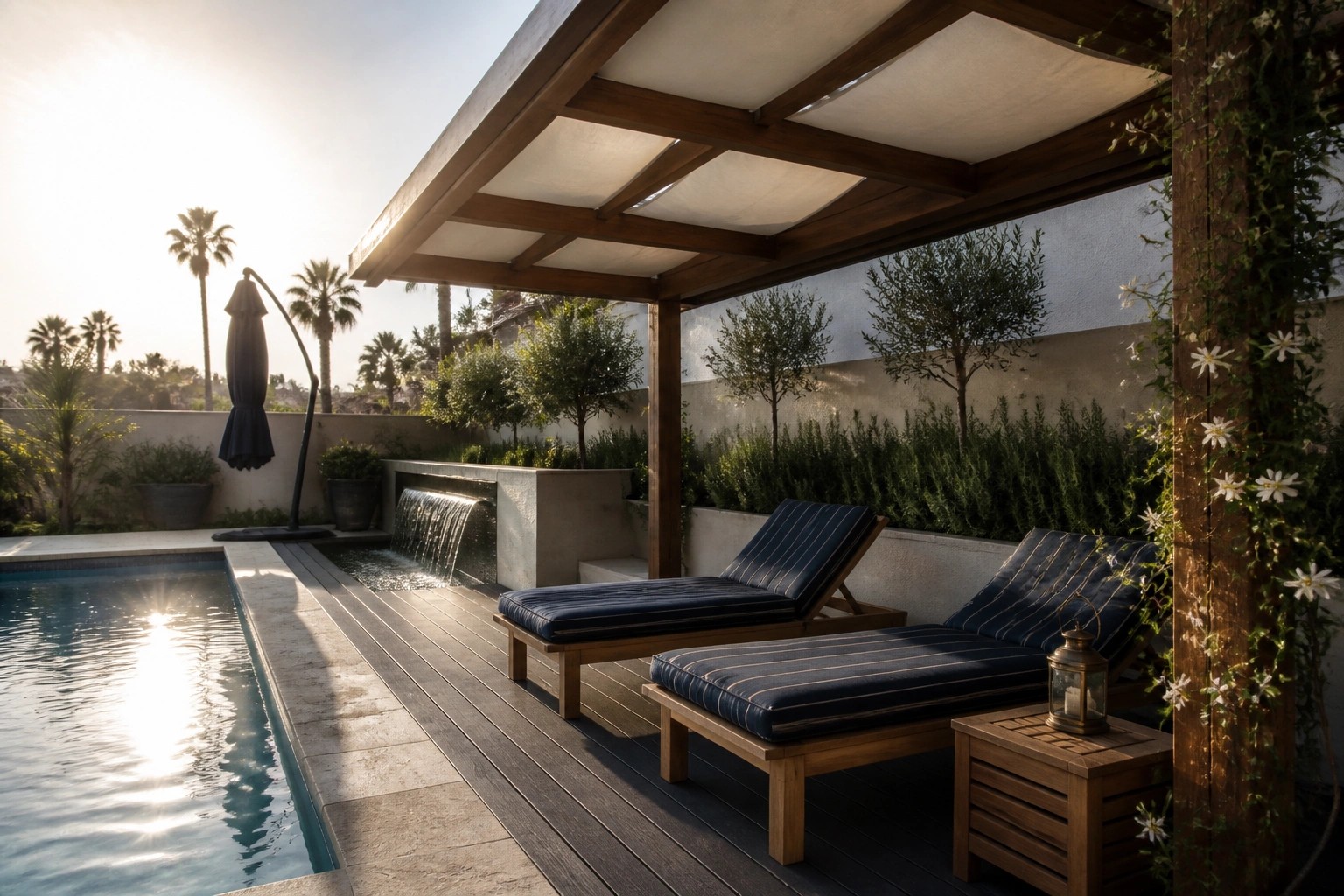 Lounge chairs with striped cushions on deck by pool under wooden pergola at sunset