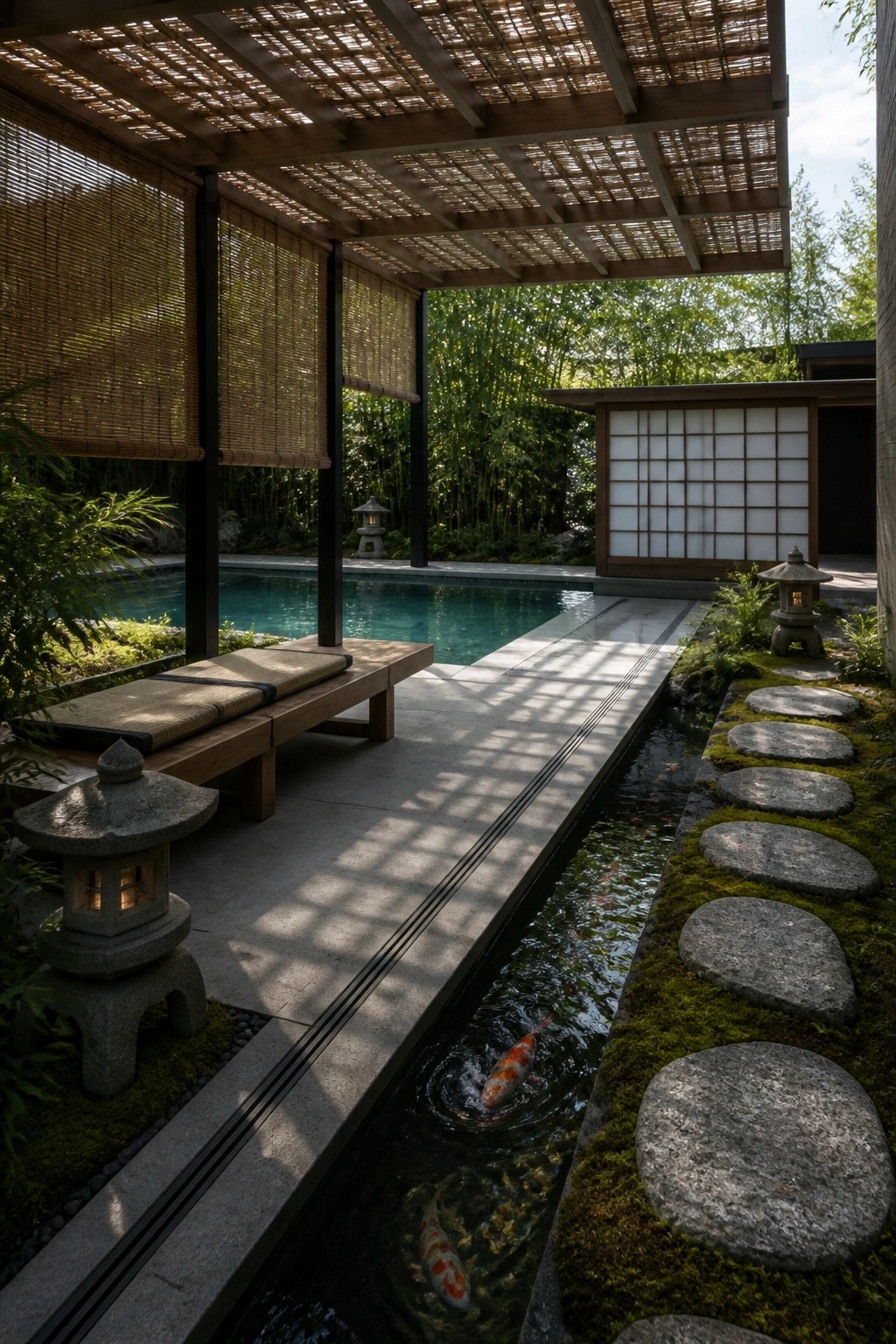 21 Smart Pool Deck Shade Ideas That Reduce Harsh Afternoon Sun Japanese zen garden with koi canal, wooden bench, stone lanterns, and pool