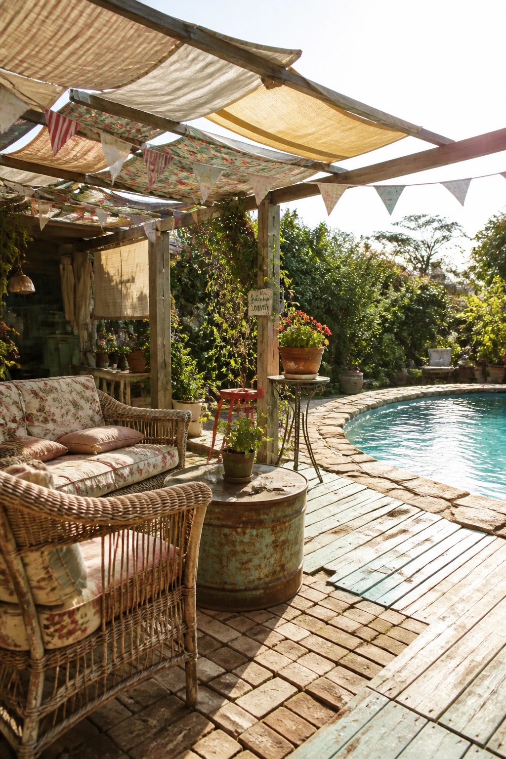 21 Smart Pool Deck Shade Ideas That Reduce Harsh Afternoon Sun A wooden pergola over a pool deck holds layered fabric panels in different patterns, with wicker seating and a rusted barrel table below.