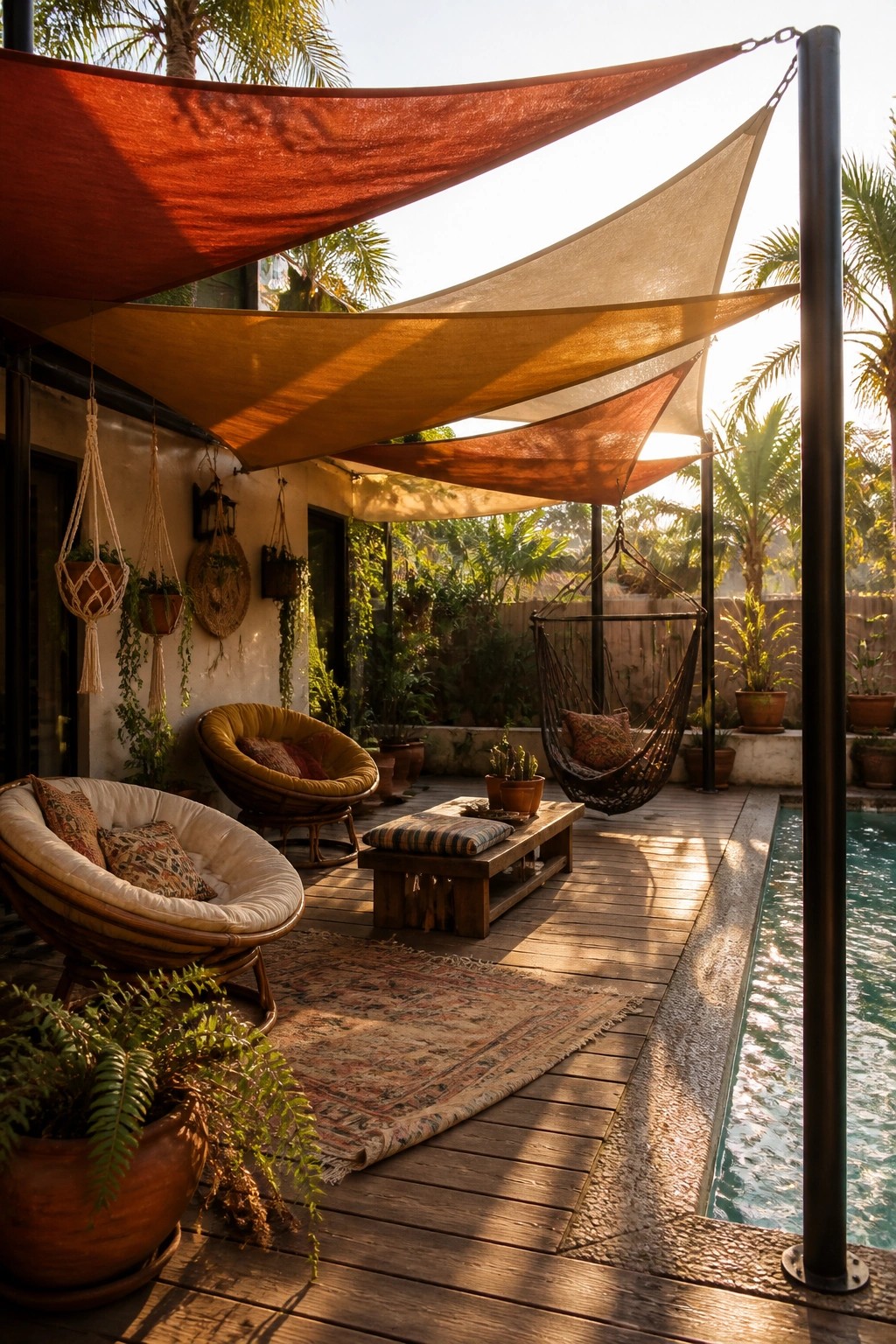 21 Smart Pool Deck Shade Ideas That Reduce Harsh Afternoon Sun A wooden pool deck shaded by multiple overlapping fabric sails in red, orange, and beige tones, with seating, a hammock, and potted plants nearby.