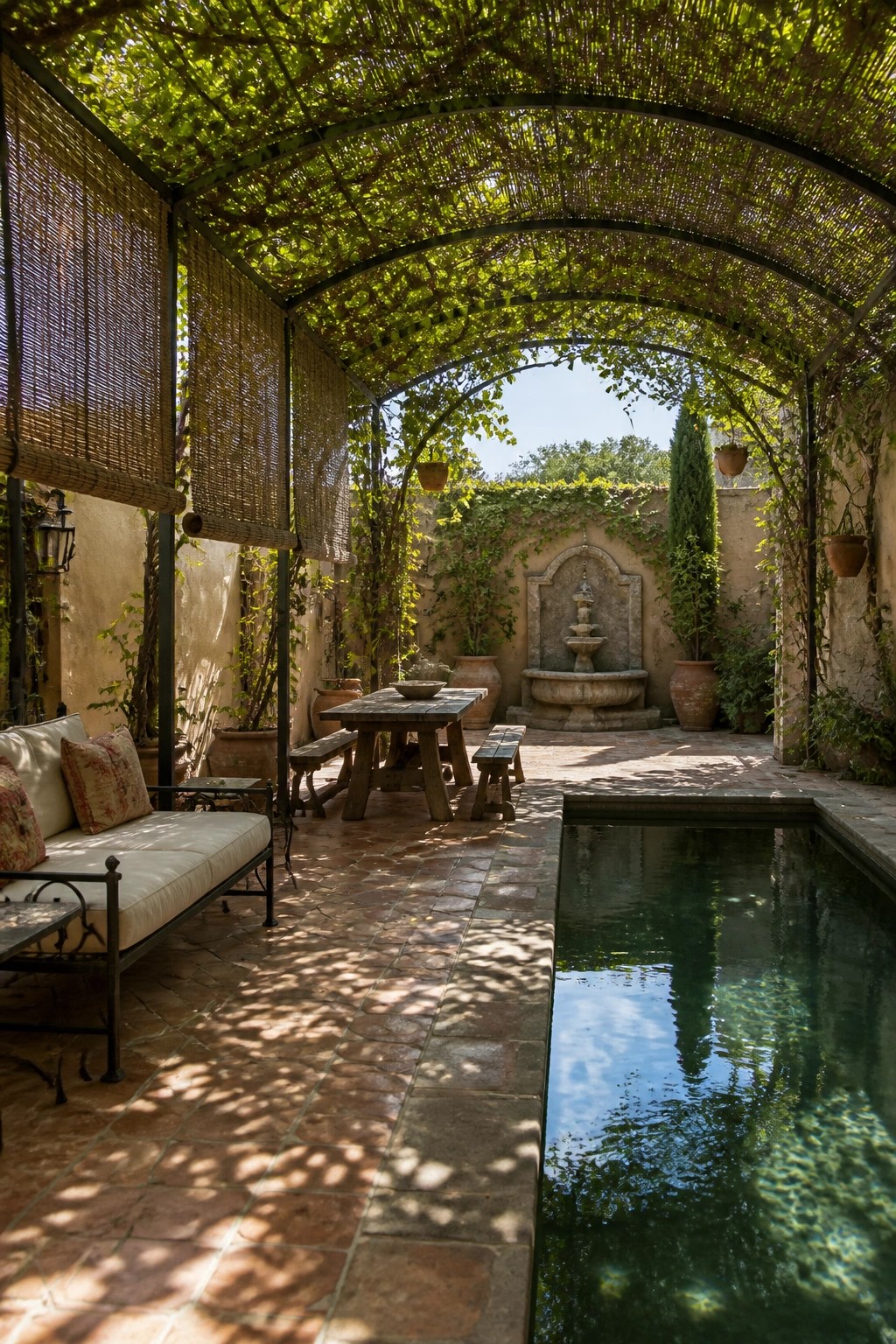 21 Smart Pool Deck Shade Ideas That Reduce Harsh Afternoon Sun A rectangular pool next to a shaded patio with a wooden table and benches under a vine-covered pergola, with a stone fountain in the background.