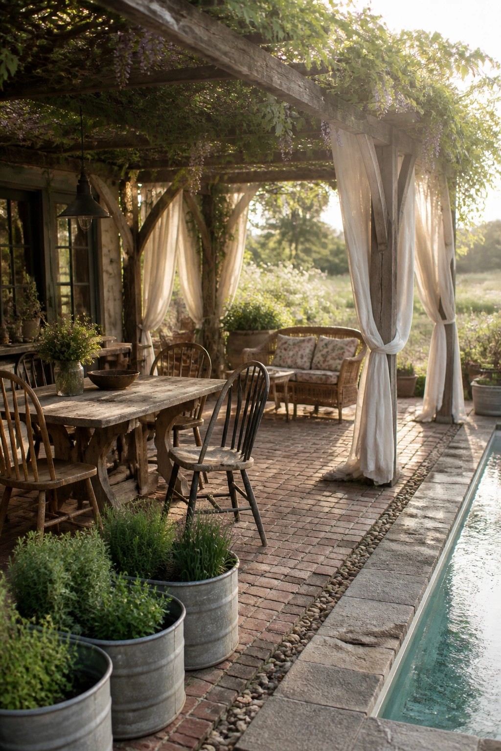 21 Smart Pool Deck Shade Ideas That Reduce Harsh Afternoon Sun A brick patio beside a pool features a wooden pergola draped with green vines and white curtains, a rustic dining table with chairs, a wicker sofa, and several potted plants.