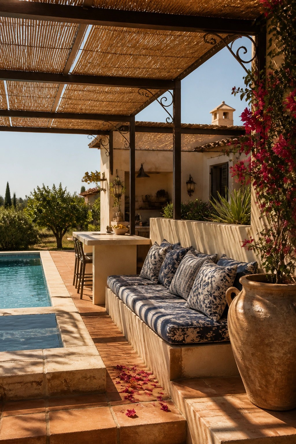 21 Smart Pool Deck Shade Ideas That Reduce Harsh Afternoon Sun A poolside patio with a reed-covered pergola shading a cushioned bench next to a swimming pool.