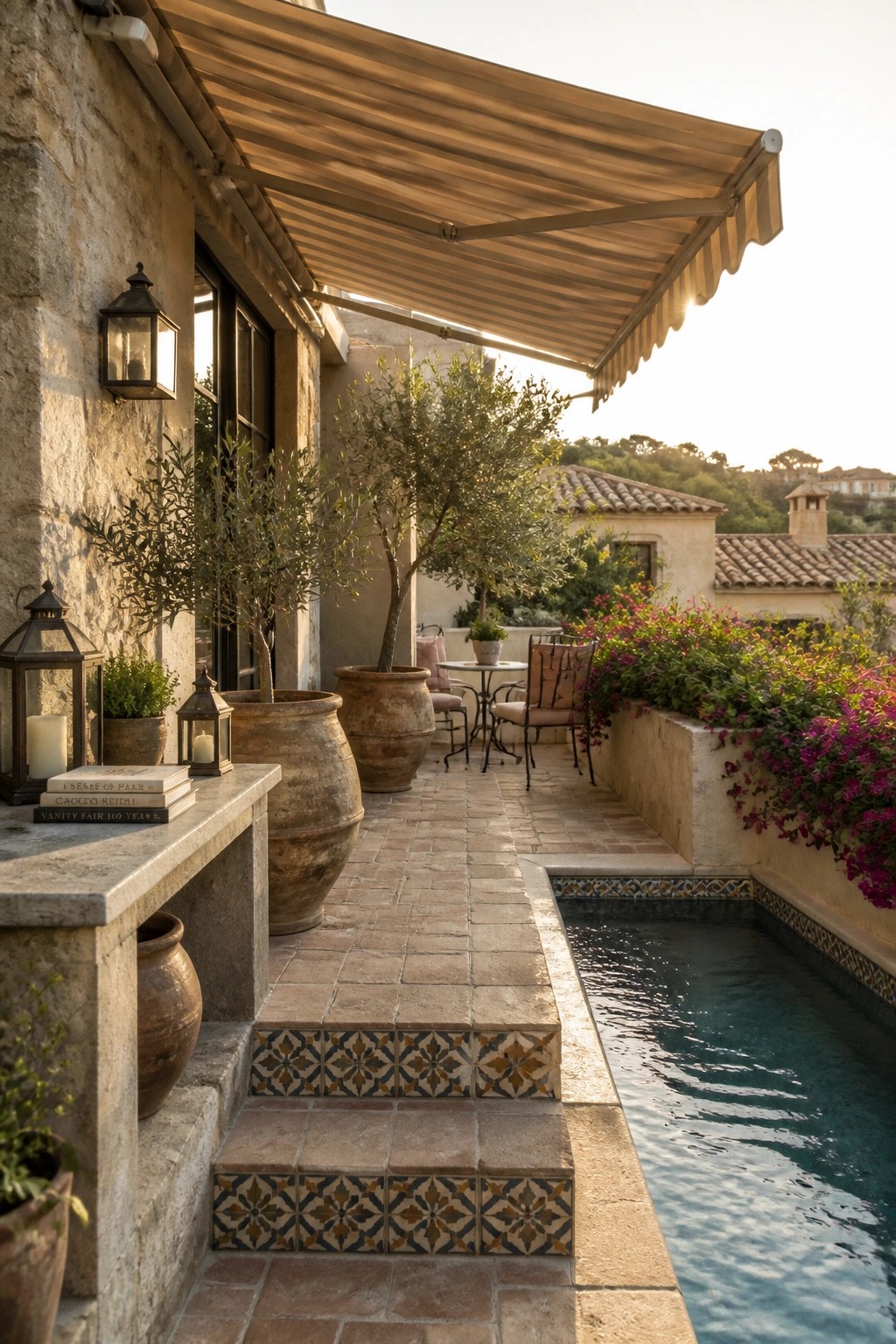 21 Smart Pool Deck Shade Ideas That Reduce Harsh Afternoon Sun A stone house exterior with a striped retractable awning extended over a tiled patio beside a narrow pool, showing potted plants, lanterns, and seating underneath.