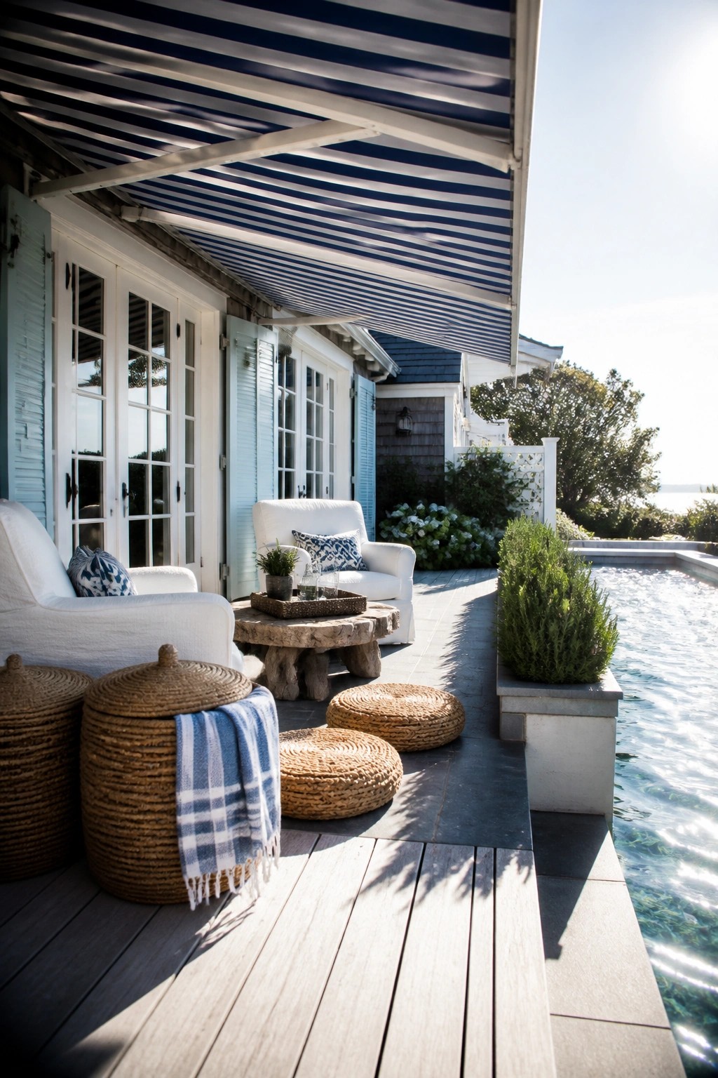 21 Smart Pool Deck Shade Ideas That Reduce Harsh Afternoon Sun A wooden pool deck with white armchairs, woven seating, and a blue and white striped retractable awning extended from the house.