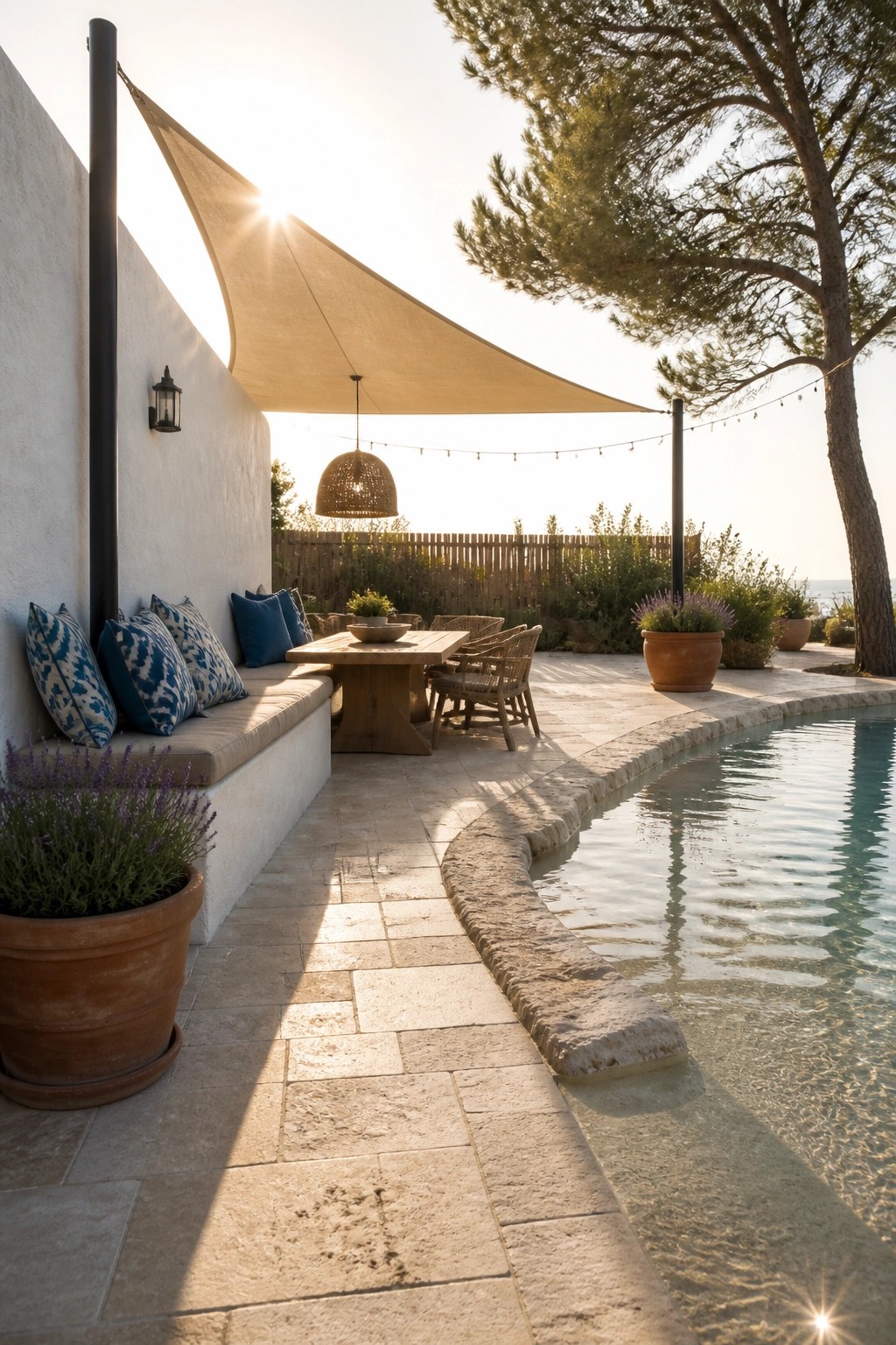 21 Smart Pool Deck Shade Ideas That Reduce Harsh Afternoon Sun An outdoor pool deck with a large beige shade sail stretched over a wooden dining table and built-in bench seating beside a curved pool edge.