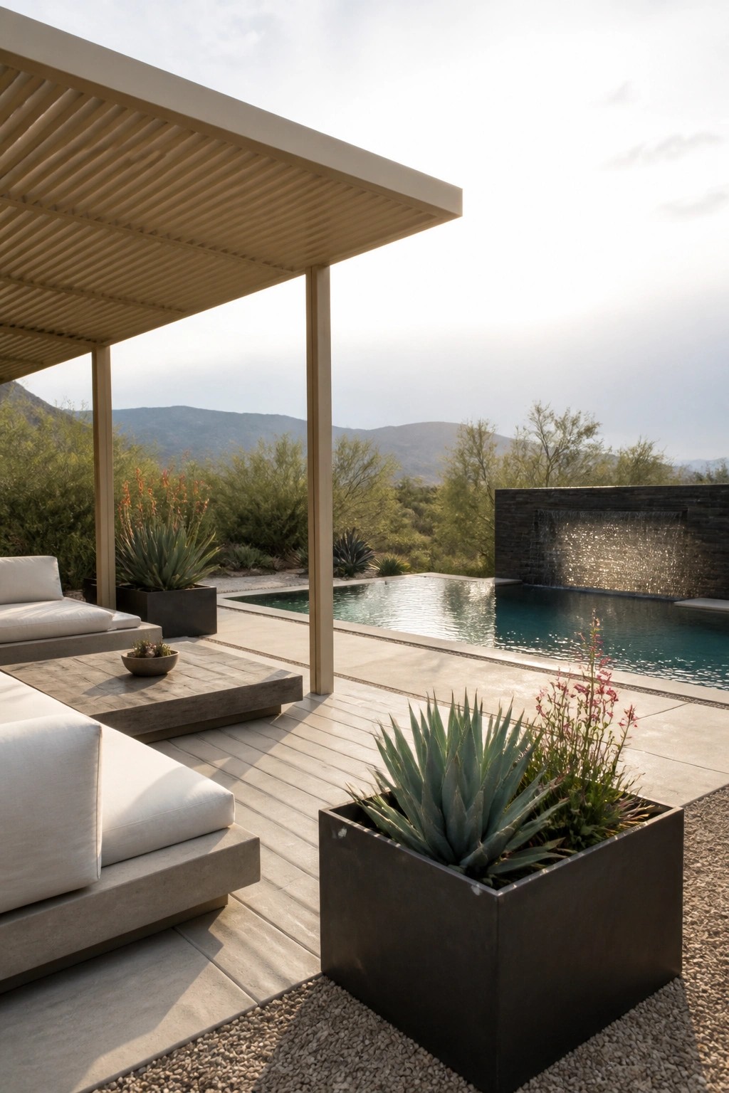 21 Smart Pool Deck Shade Ideas That Reduce Harsh Afternoon Sun Modern poolside patio with a beige slatted overhead shade structure, white cushioned seating, concrete planters with agave, and an infinity pool with a stone water wall.