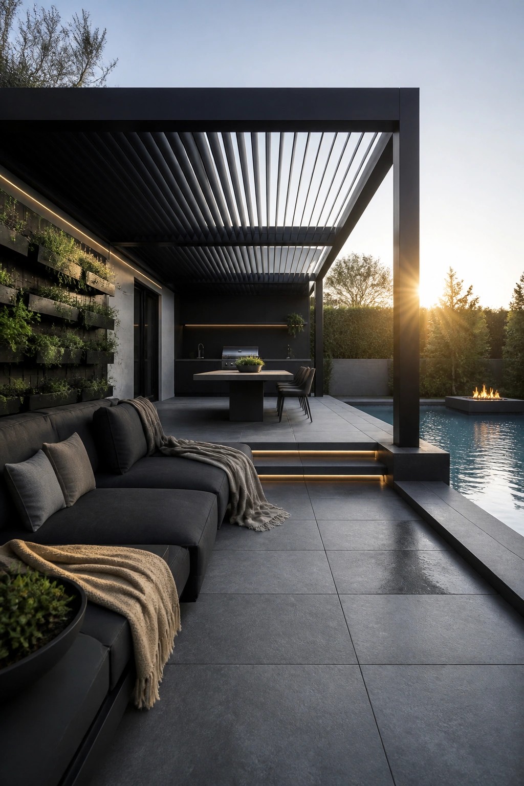 21 Smart Pool Deck Shade Ideas That Reduce Harsh Afternoon Sun Modern outdoor pool deck with dark slatted pergola, built-in seating, outdoor kitchen, and adjacent swimming pool at sunset.