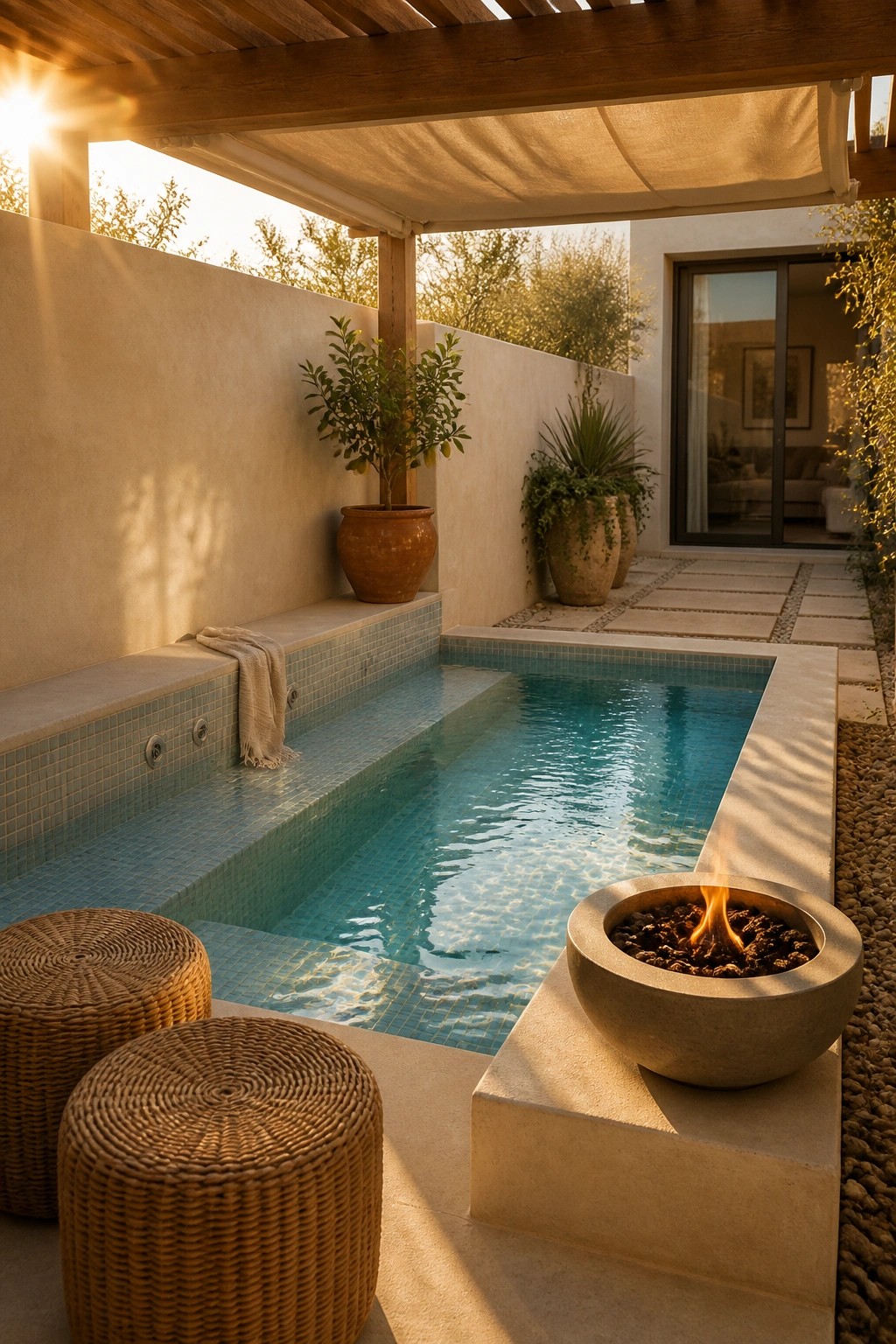 21 Stunning Modern Pool Ideas to Upgrade Any Backyard A rectangular pool with light blue tiles sits beside a round concrete fire pit with active flames, next to woven stools and potted plants under a wooden pergola.