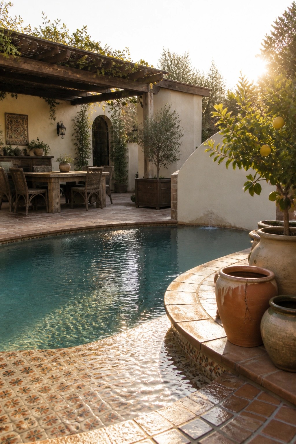 21 Stunning Modern Pool Ideas to Upgrade Any Backyard Curved pool with mosaic tiles, wooden pergola, and terracotta pots in sunlight
