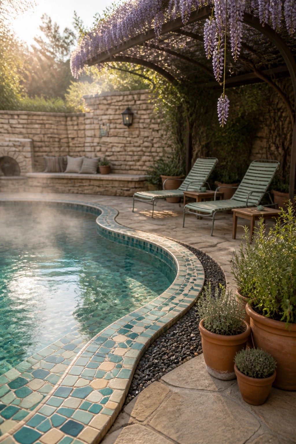 21 Stunning Modern Pool Ideas to Upgrade Any Backyard A curved swimming pool bordered by a stone patio with two green lounge chairs under a wooden pergola draped in purple wisteria, plus potted plants along the edge.