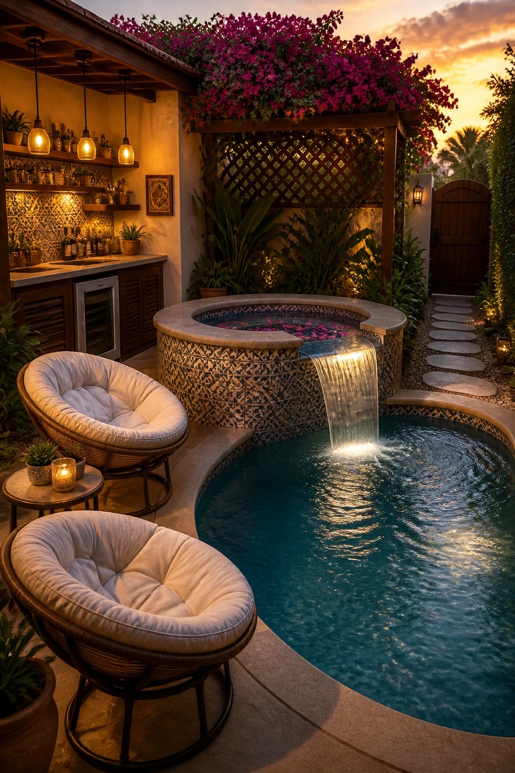21 Stunning Modern Pool Ideas to Upgrade Any Backyard A backyard swimming pool with a raised circular spa that has a waterfall edge spilling into the pool, two cushioned wicker chairs in the foreground, and an outdoor kitchen area to the left.