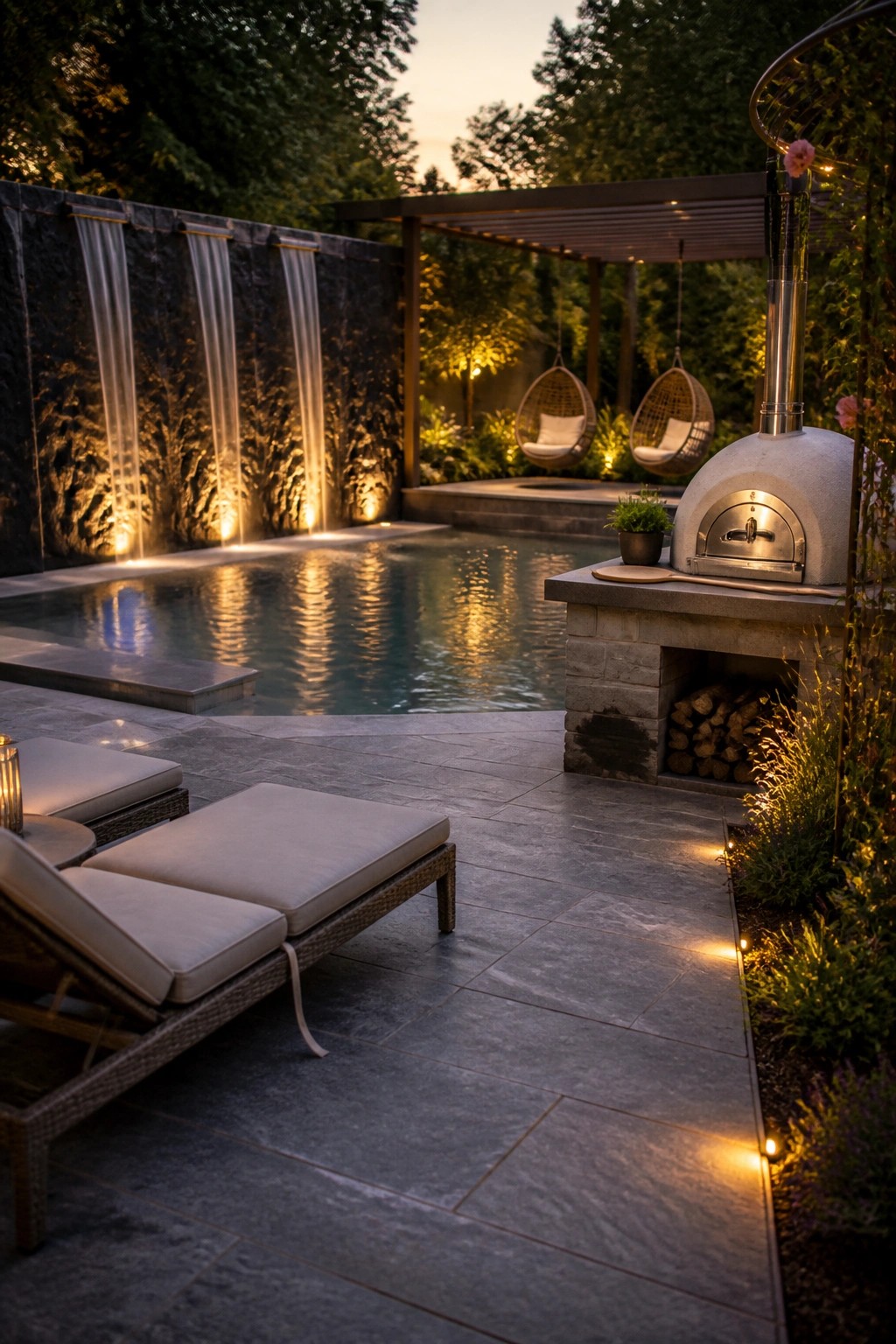 21 Stunning Modern Pool Ideas to Upgrade Any Backyard A backyard pool at dusk with a stone-based pizza oven on the right side of the patio and two lounge chairs in the foreground.