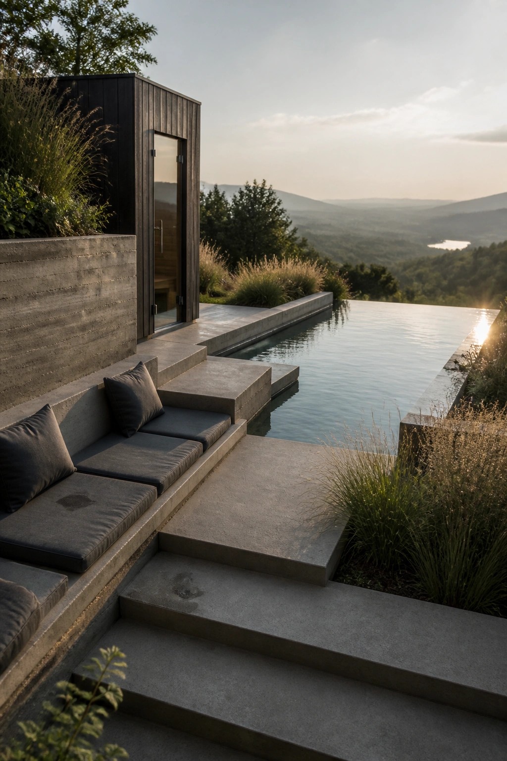 21 Stunning Modern Pool Ideas to Upgrade Any Backyard A modern pool with concrete steps, built-in seating with dark cushions, and a small dark wood structure on a hillside overlooking distant hills.