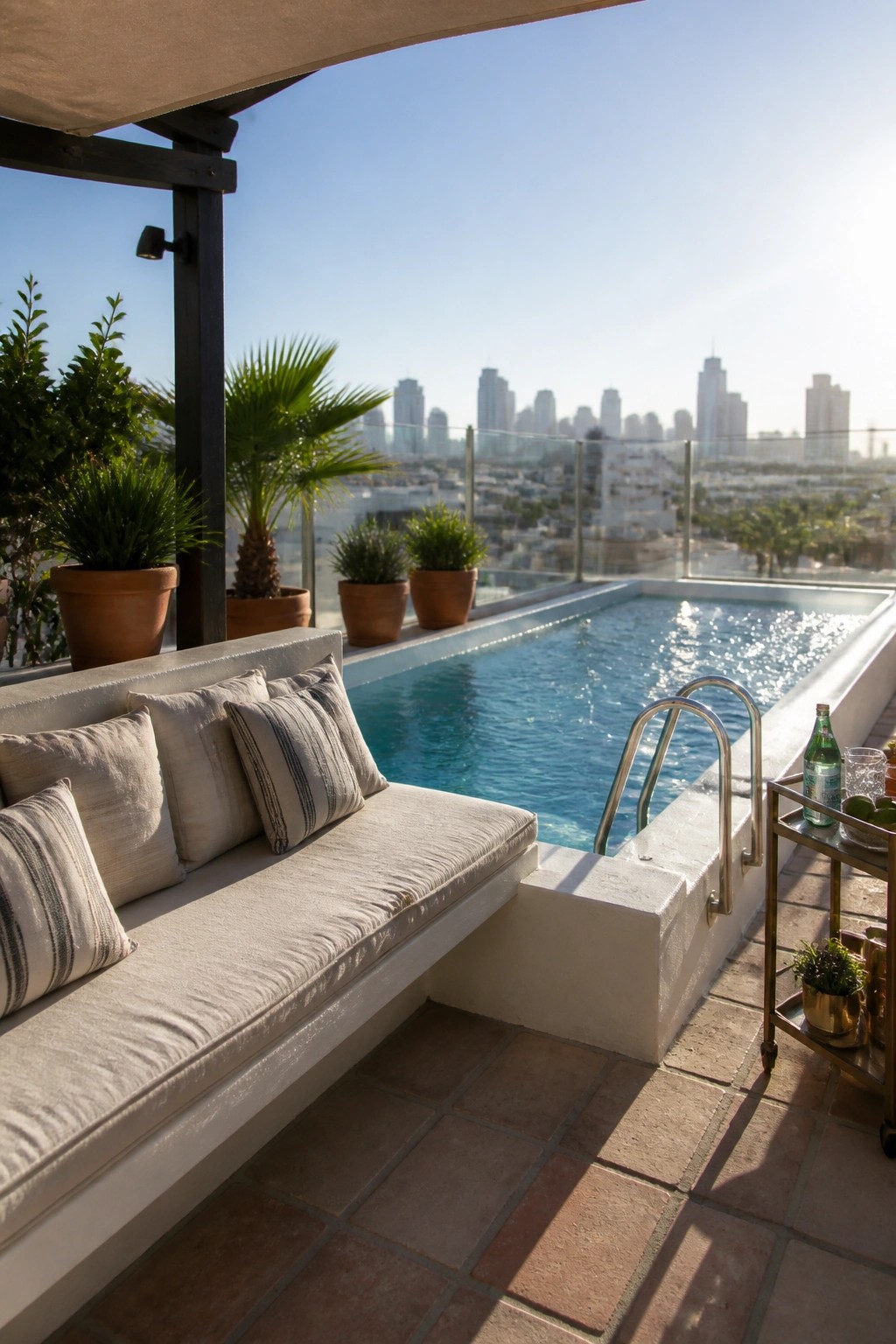 21 Stunning Modern Pool Ideas to Upgrade Any Backyard Rooftop pool with built-in bench seating along one side, striped cushions, metal ladder, and a bar cart on a tiled terrace overlooking a city skyline.