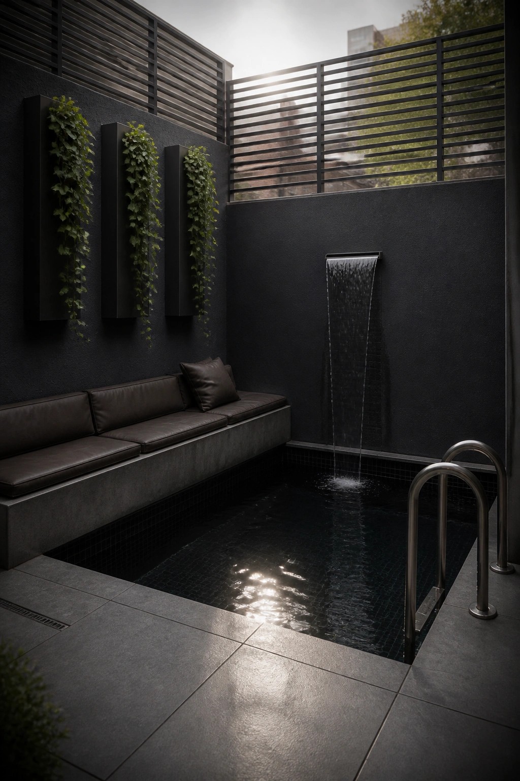 21 Stunning Modern Pool Ideas to Upgrade Any Backyard A small rectangular plunge pool with dark mosaic tiles, a built-in dark leather bench along one edge, and a wall-mounted waterfall feature.