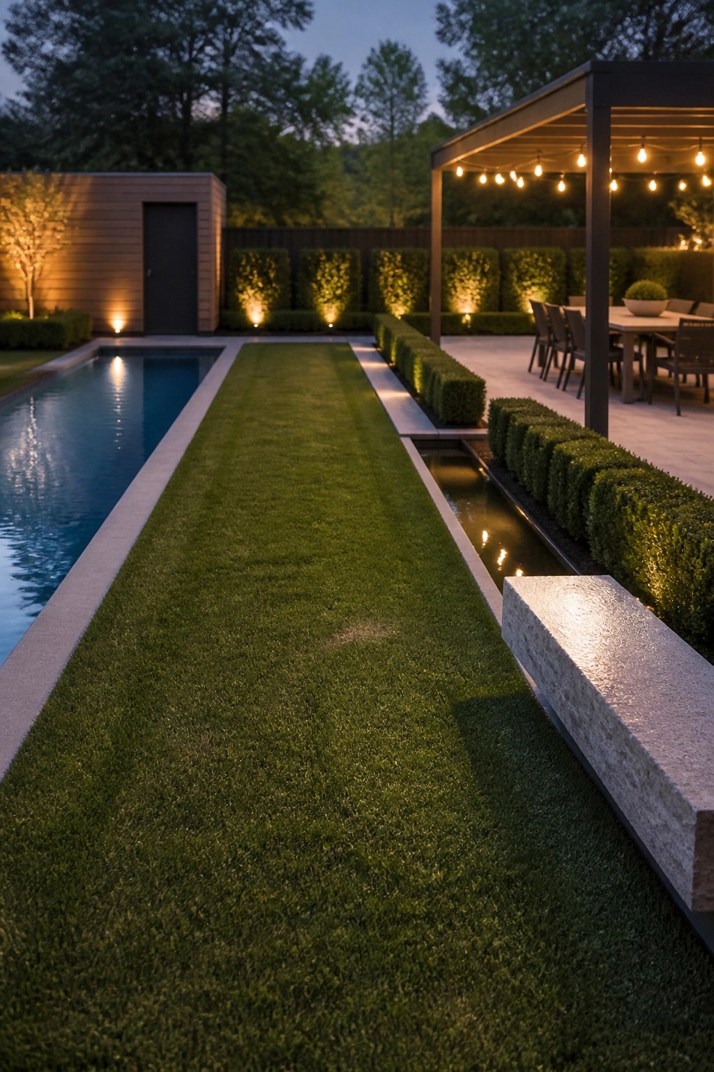 21 Stunning Modern Pool Ideas to Upgrade Any Backyard Modern backyard at dusk with pool, lawn path, lit hedges, and string-lit pergola.