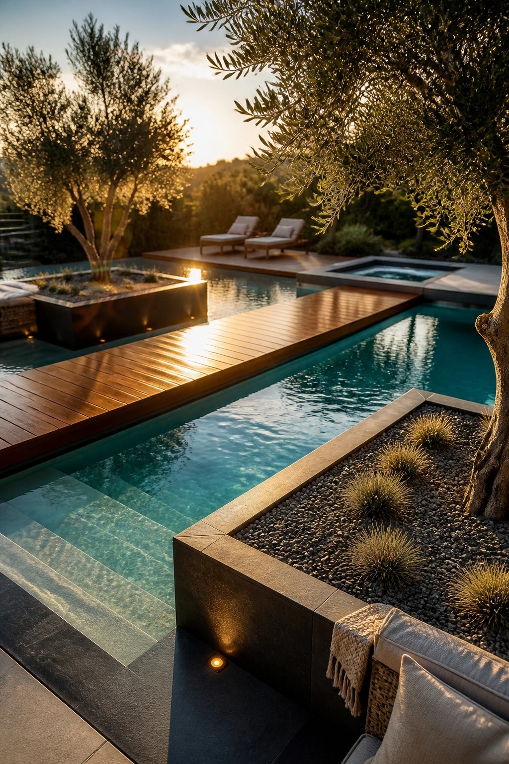 21 Stunning Modern Pool Ideas to Upgrade Any Backyard A modern backyard pool with a wooden deck bridge crossing the water, steps leading into the pool, and a raised stone planter filled with gravel and grasses at the corner.