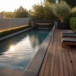 A long narrow swimming pool with a small waterfall at the far end sits beside a wooden deck holding three dark lounge chairs.